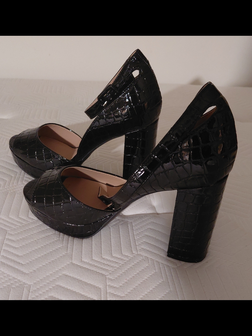 Black Croc-Embossed Block Heel Pumps - Women